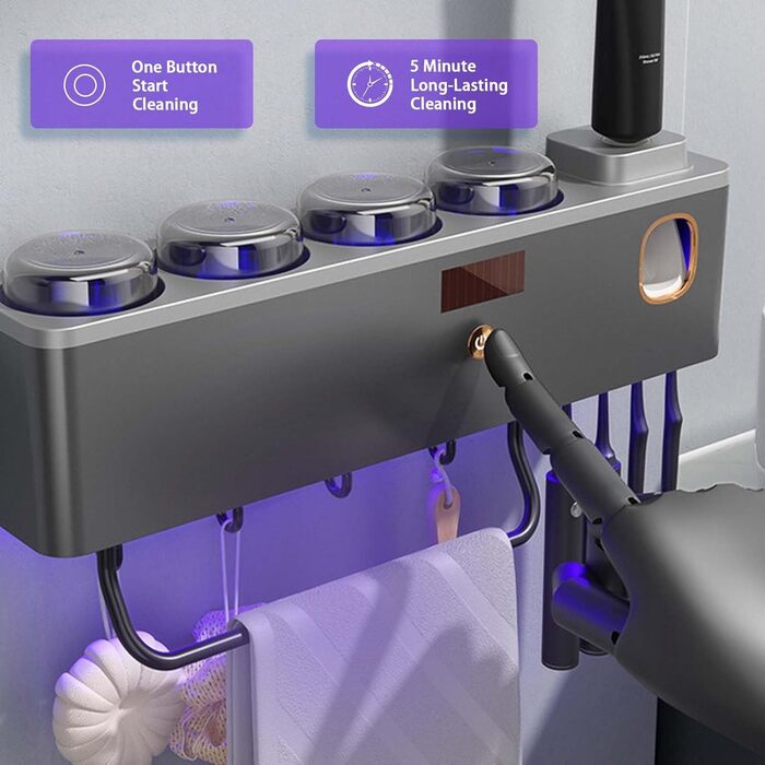 Тримач для зубних щіток на стіну з дозатором пасти, Smart Clean з сонячною зарядкою, набір 3 склянки та тримач для рушників, сірий