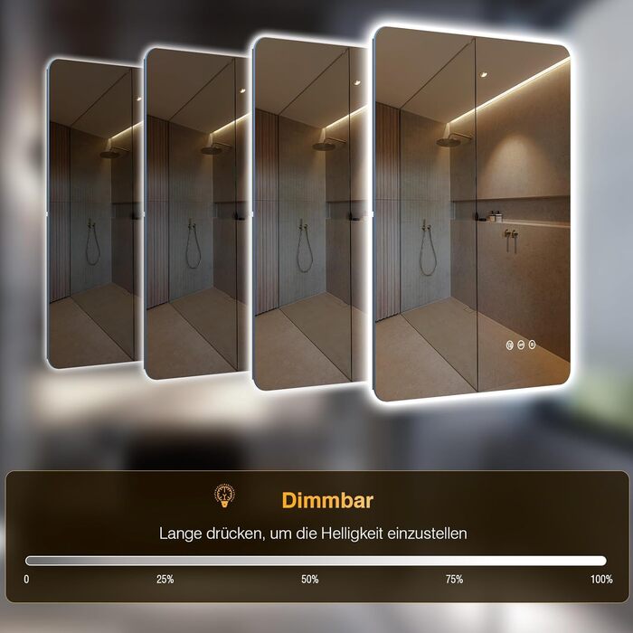 Дзеркало для ванної кімнати з підсвічуванням 50 x 70 см, LED дзеркало з протизапарюючим покриттям, 3 кольори світла, регулювання яскравості, прямокутна форма, сенсорне управління, функція пам'яті, горизонтальне/вертикальне кріплення, без рамки