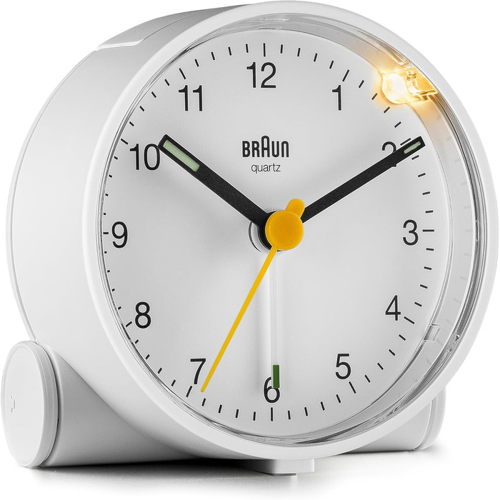 Braun Classic analog alarm clock with snooze function and light, quiet quartz movement, crescendo alarm in white, model BC01W.