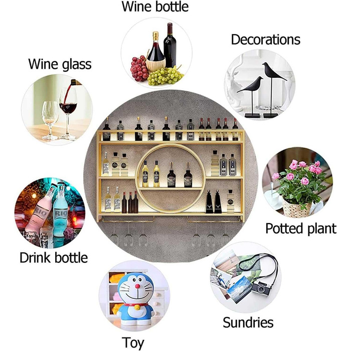 Металева вітрина для вина на стіну, кругла, 140x15x80 см, золото. Підійде для бару, ресторану, дому. Багатофункціональна полиця для зберігання.