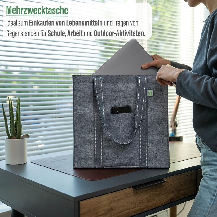 VENO 34 Liter Large Shopping Bag Foldable with Sturdy Bottom and Front Pocket, Reusable Shopping Bags Water-Resistant Tote Bag Shopping Basket for Shopping, Picnic (Gray, 4-Pack)