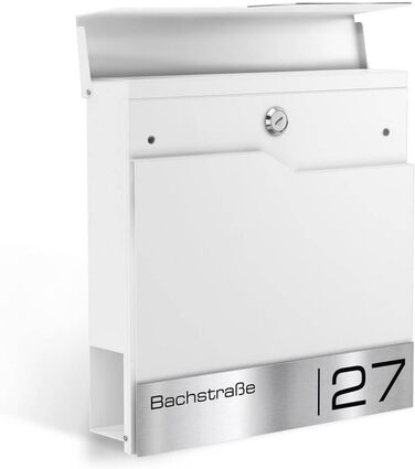 Поштовий ящик Metzler Thobe сучасний, сталевий корпус з нержавіючої сталі, з табличкою для імені, білий, з відділенням для газет