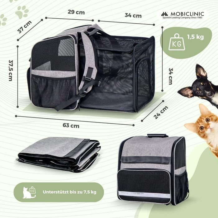 Рюкзак-переноска для котів та собак Mobiclinic® Pets, складаний, з вентиляцією, кишенями для їжі та аксесуарами, регульований, 37x29x37x5 см