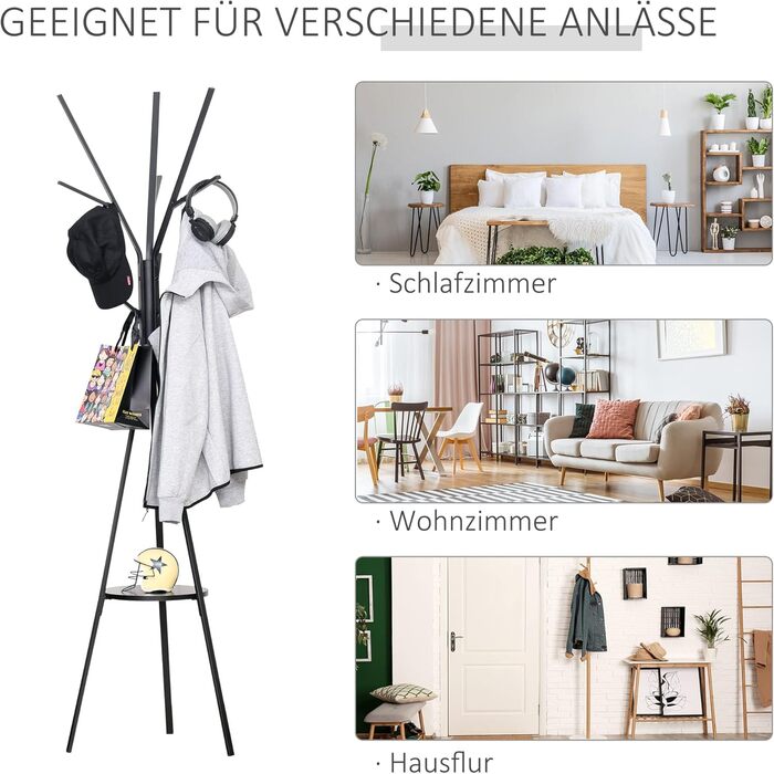 HOMCOM Coat Rack, Clothes Rack with 8 Hooks, Coat Stand with Shelf, Freestanding Coat Rack for Clothes, Hats, Bags, Metal, Black, 45 x 45 x 180 cm