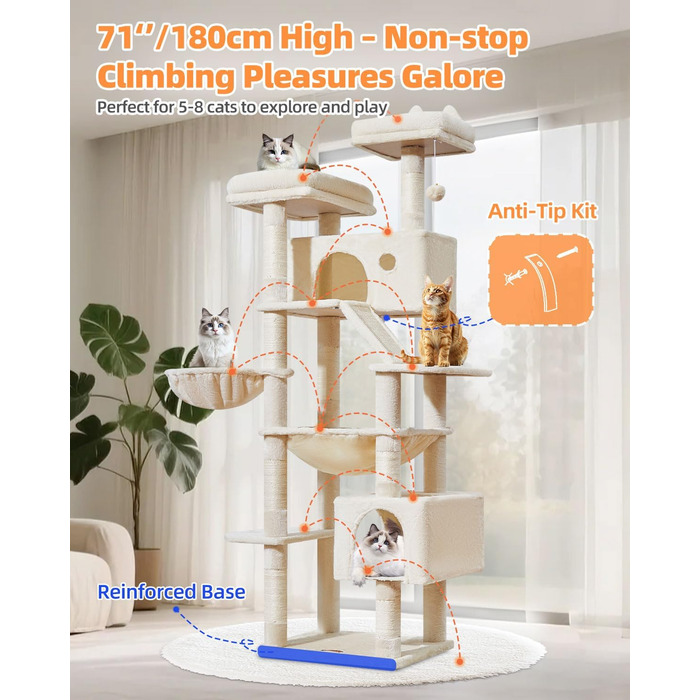 Дерев'яний кігтеточки Taoqimiao MS026W (Бежевий, 180 см) з 2 будиночками, гамаком та 8 кігтеточками