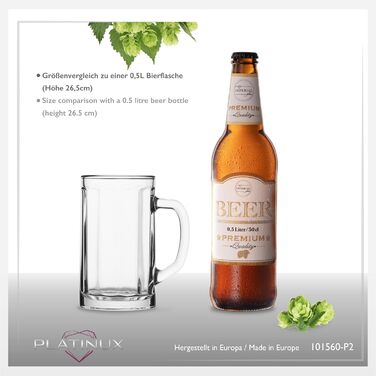Набір пивних склянок PLATINUX Bierseidel 6 шт, 300 мл (прозорі, з ручкою) для пива, Maßkrug