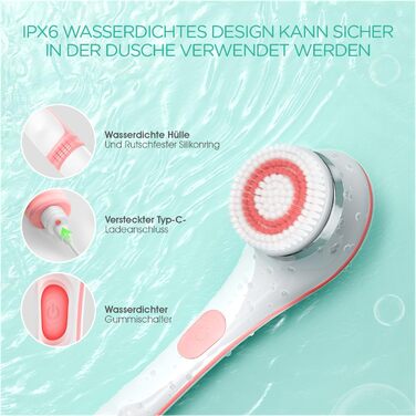 VOYOR Back Brush Shower Brush Body Brush Electric Back Scrubber with Long Handle Waterproof Rechargeable with 4 Cleaning Heads for Spa Shower Exfoliating Massage Brush BC100 (Pink)