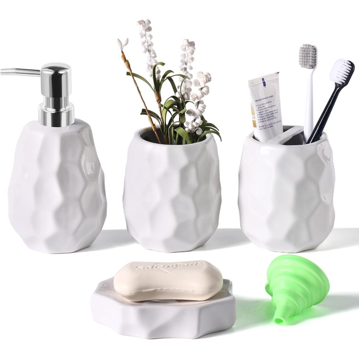 Набір аксесуарів для ванної кімнати, 4 шт: диспенсер для мила, мильниця, тримач для зубних щіток, стаканчик для зубних щіток, органайзер для ванної кімнати, сучасний дизайн (білий)