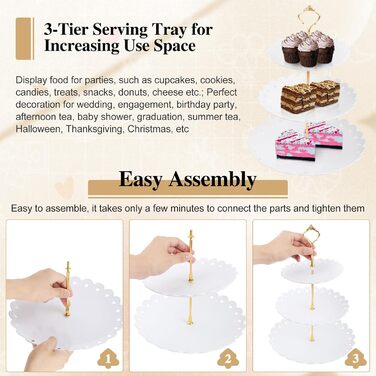 Трирівнева підставка для капкейків, десертів, фруктів та солодощів. Підходить для святкування: Весілля, День народження, Хрещення. Чорно-білий колір, пластик.