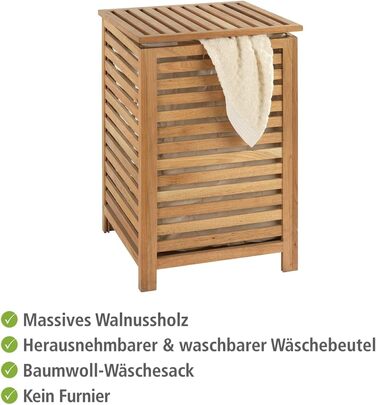 WENKO Laundry Hamper Norway, Laundry Collector with Removable Cotton Laundry Bag, Walnut Wood, Capacity 56 L, 45 x 65 x 45 cm, Natural