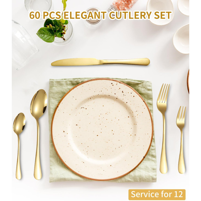 12-Person Cutlery Set, 60-Piece Gold Stainless Steel Cutlery Sets, Elegant Dinnerware Cutlery, High-Gloss Polished and Dishwasher Safe, with Knife, Fork, and Spoon, for Home, Party, Restaurant
