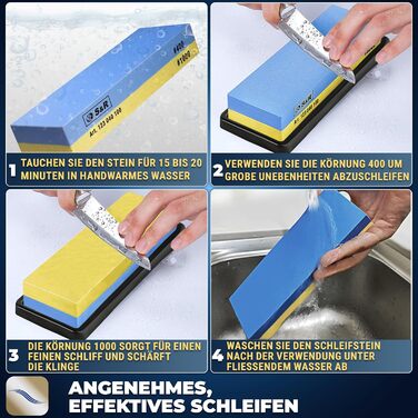 Набір для заточування ножів S&R Schleifstein: двосторонній шліфувальний камінь 1000/4000, допомога для заточування 120/240, точило для ножів та брусок для заточування. Комплект з 5 шліфувальних каменів з зернистістю 1000/4000 (1 зернистість 400/1000 + три