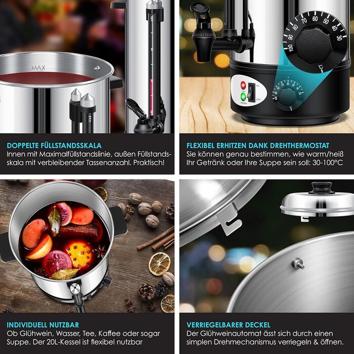 KESSER® Mulled Wine Boiler 8L Stainless Steel Incl. 10x Cups Mulled Wine Cooker with Thermostat Mulled Wine Dispenser Hot Beverage Dispenser Water Boiler Hot Water Dispenser Canning Machine Level Indicator Tap Black (20 Liter / Silver)