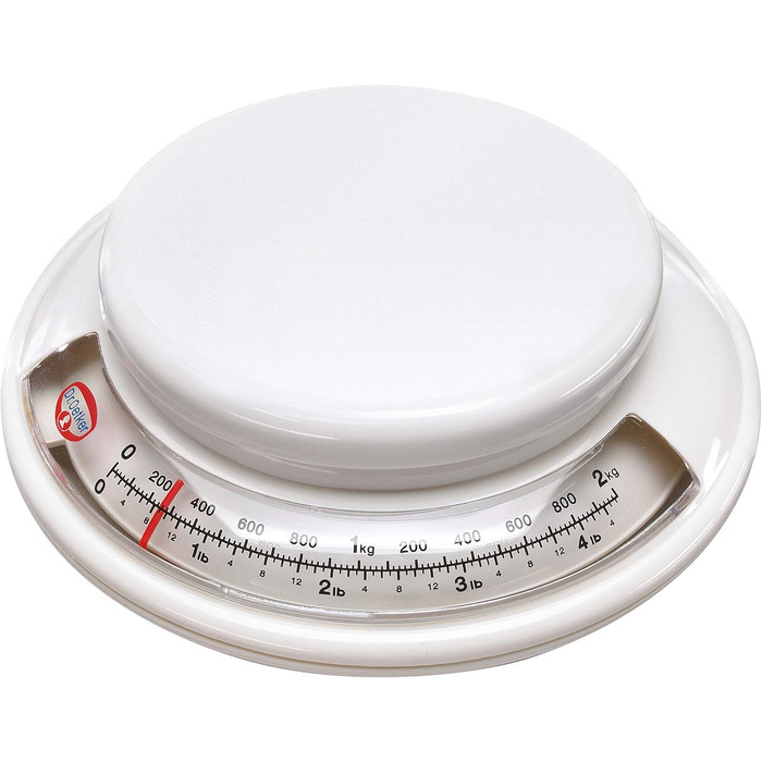 Dr. Oetker 1531 Baking Scale Ø 17 cm, analog kitchen scale (color: white) & measuring and mixing jug 2.2 L, measuring jug with different measuring scales (color: Red/Transparent), quantity: 1 piece