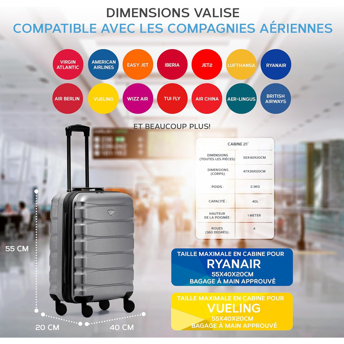 Чохол-валіза Flight Knight 56x45x25 см, жорсткий, ручна поклажа, сумісний з British Airways та Easyjet, сірий/чорний