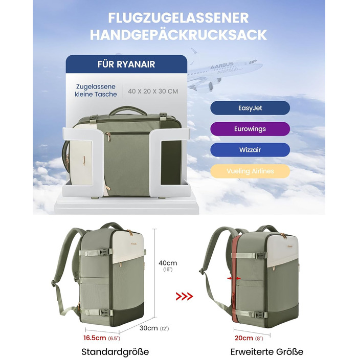 Рюкзак LOVEVOOK 40L для ручної поклажі, 17.3 дюйми, розширюваний, для подорожей та бізнесу (40x30x20cm, зелено-бежевий)