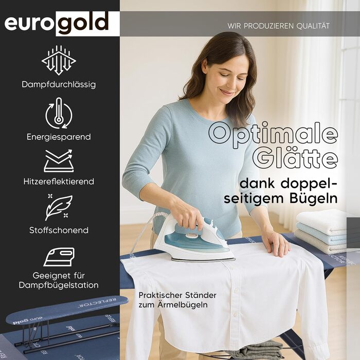 Прасувальна дошка EUROGOLD® XXL 130x48 см з турбочохлом та дощечкою для рукавів - для парогенераторів (Виготовлено в Європі) - з розеткою - стабільна та регульована по висоті, блакитна