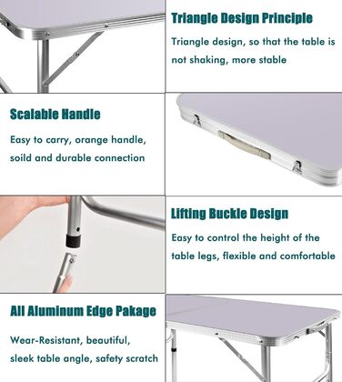 Складний столик для пікніка, 90 см, алюміній, регульована висота, легкий, для кемпінгу та саду (90 x 60 x 37/67 см)