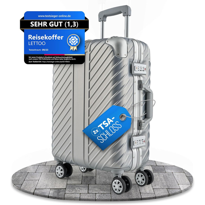 Валіза ручної поклажі 20 дюймів (срібна) з алюмінієвим каркасом, водонепроникна, з кишенями для ноутбука та захистом кутів | Валіза на колесах, екстра стабільна