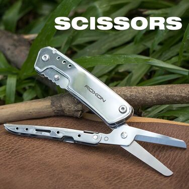 ROXON Pocket Knife and Scissors 2-in-1 EDC Multi Tool with Belt Clip, Perfect for Household Tasks, Hunting, Survival, Fishing, Hiking, Camping