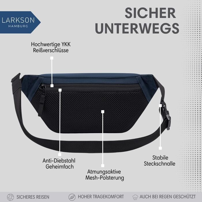 Поясна сумка LARKSON Bauchtasche для жінок та чоловіків, бежева - Ole, для спорту, відпочинку, міста, фестивалів, з ремінцем, водонепроникна (Блакитна Ягода)