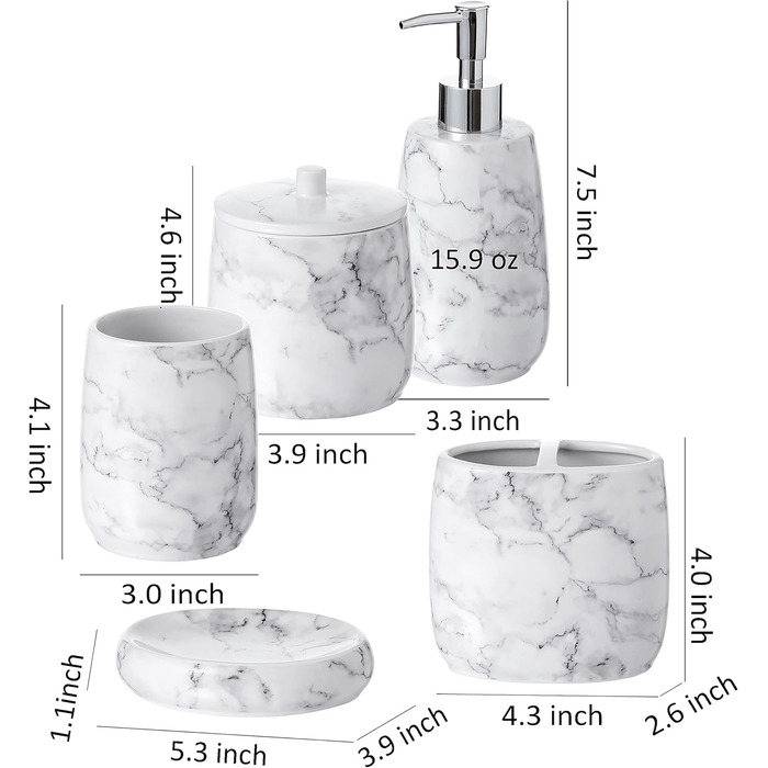 Motifeur Badaccessoires Set, 5-Piece Ceramic Bathroom Accessories Set with Lotion Dispenser/Soap Pump, Cotton Swab Holder, Soap Dish, Cup, and Toothbrush Holder (Marble Look)