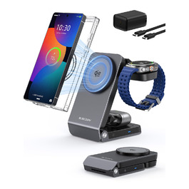 Магнітна бездротова зарядка Samsung з активним охолодженням 3-в-1 для Galaxy S26 Ultra, Watch 8 та Buds 4. Складана Qi зарядка для Android сірого кольору