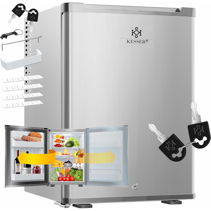 Міні-холодильник KESSER® 40L з замком: для кемпінгу, офісу, спальні, готелю, кухні. Безшумний, з LED-підсвіткою та відкривачем для пляшок. Срібний колір.