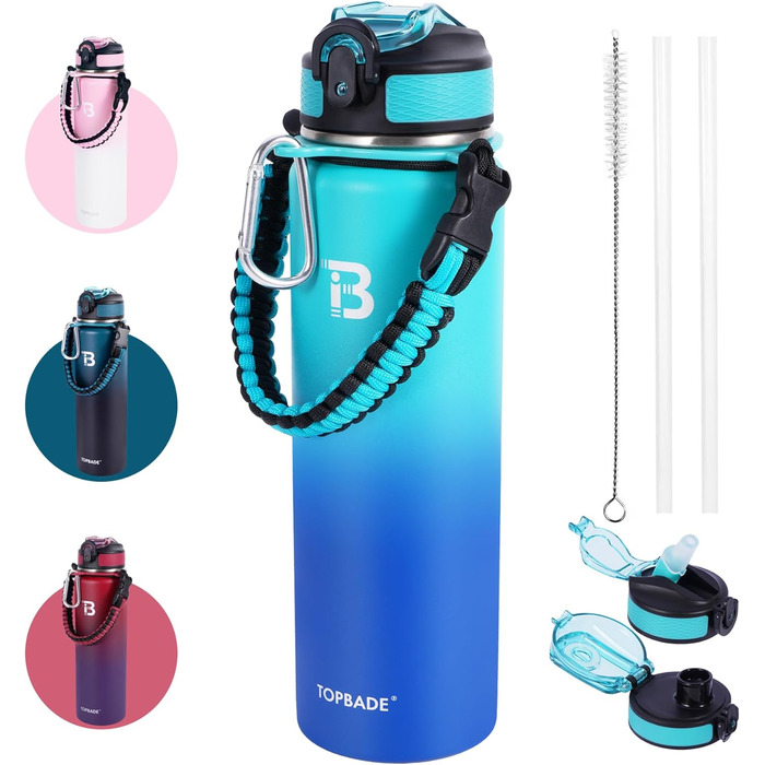 Stainless Steel Water Bottle 1900 ml (+2 Lids), 1.9 Liter Insulated Water Bottle with Straw, Leak-Proof Double-Walled Insulated Bottle with Chug Lid for School, Fitness, Outdoor (710 ml, Green Blue)