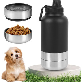 Водяна пляшка для собак на прогулянці, 950 мл, з мисками для води та їжі, ізольована сталева термопляшка, для подорожей, активного відпочинку