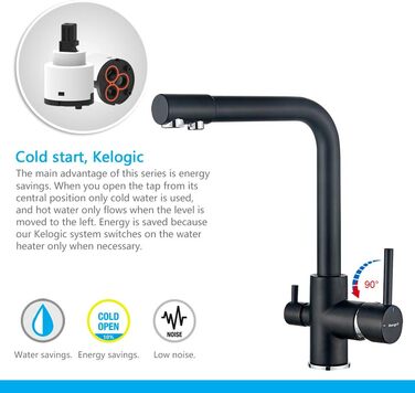 Кухонний змішувач 3-в-1 з поворотним виливом 360°, з двома важелями, для фільтрації води, гарячої та холодної води, високого тиску, з 3 шлангами 50 см, нержавіюча сталь, матовий чорний