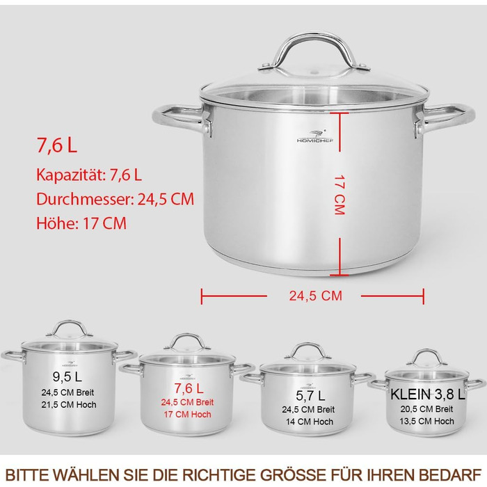 HOMICHEF Soup Pot 24.5 cm 9.5 Liter with Glass Lid - Nickel-Free Stainless Steel Pot 9.5 Liter with Handle - High-Gloss Polished Soup Pot 9.5 Liter - Healthy Induction Pot Cooking Pot with Lid Silver Glossy - Stainless Steel High-Gloss Polished (7.6 Liter - 24.5 cm wide, Silver Glossy - Stainless Steel High-Gloss Polished)
