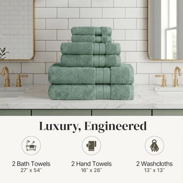 Набір рушників Amrapur Spun Loft (6 шт), 100% гребінна бавовна, суперпоглинаючі та м'які, 600 г/м², колір евкаліпт, 68x137 см