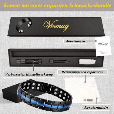 Браслет магнітний чоловічий Vicmag з титанової сталі, подвійний ряд, надміцна магнітна застібка, інструмент для регулювання та подарункова коробка (синє оздоблення)