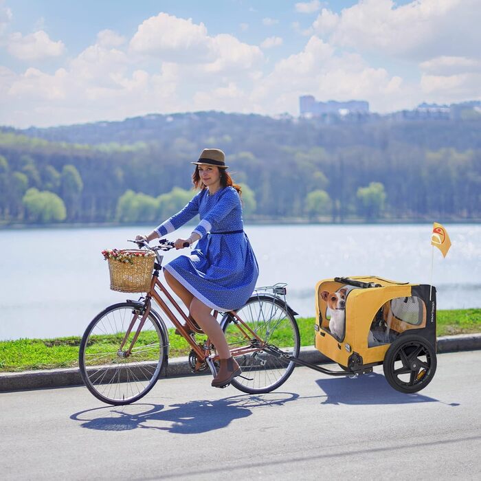 Причіп для собак до велосипеда, складаний, з прапорцем та ременем. Доступні кольори: червоний, пісочний, м'ятний, фіолетово-блакитний, військово-блакитний, військово-зелений