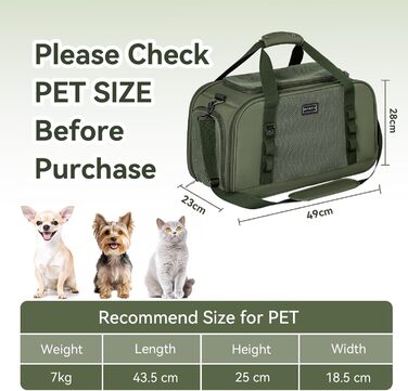 Транспортна переноска для кота та собаки Petsfit - міцна, дихаюча, з ковдрою та ручкою-телескопом, оливковий (49x23x28 см)