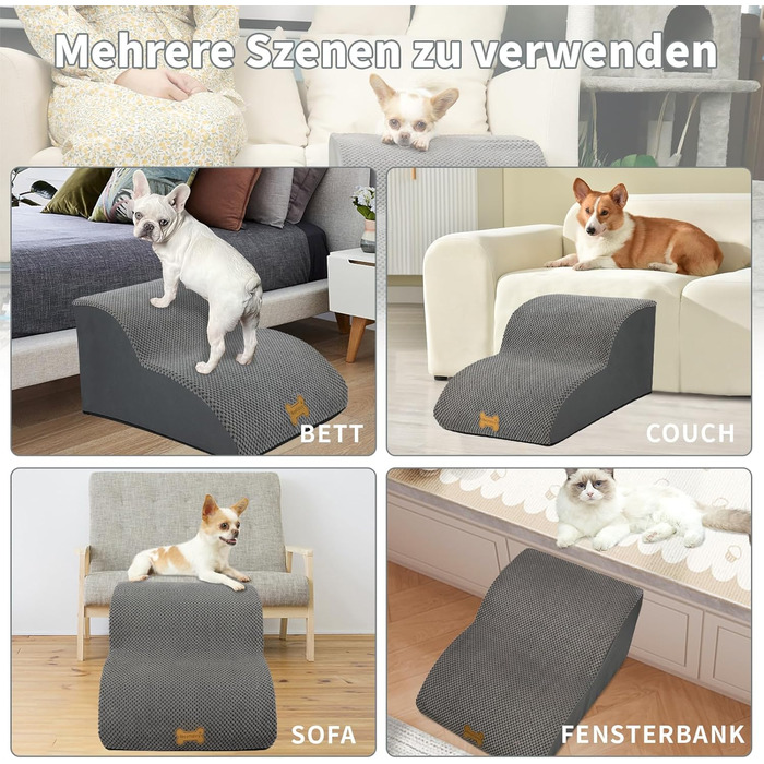 Non-slip dog stairs for small dogs, 2-step, pet stairs for bed and sofa made of high-density sponge, dog stairs/ramp with removable, washable cover and non-slip bottom, 55x40x30cm