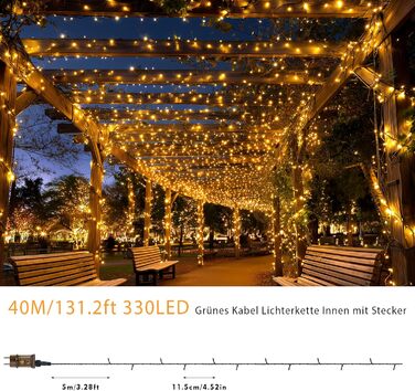 Гірлянда світлодіодна зовнішня 40м 330LED, для прикраси ялинки, з таймером, 8 режимів, вологостійка, зелений кабель, тепле біле світло, для дому, саду, вечірки, шлюбу