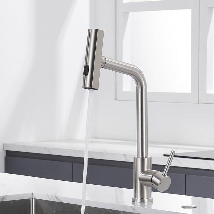 Чорний кухонний змішувач з висувною лійкою, водоспад, високий тиск, 3 режими, 360° поворот, нержавіюча сталь (нікель)