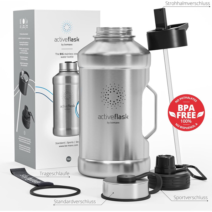 Спортивна пляшка з нержавіючої сталі ACTIVE FLASK 2 л з трубочкою, 3 кришки, BPA-free, не протікає, для газованої води, XL пляшка для спорту, фітнесу, туризму