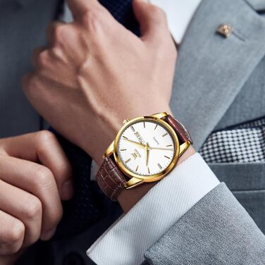 Чоловічий годинник OLEVS з нержавіючої сталі, кварцовий аналоговий годинник, класичний діловий годинник, водостійкий годинник з підсвічуванням, дата, ремінець з натуральної шкіри (білий циферблат/коричневий ремінець)