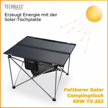 Сонячний кемпінговий стіл Technaxx TX-252 60W з USB зарядкою та сонячною панеллю