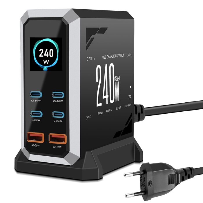 Зарядний пристрій USB-C 240W GaN 6 портів: PD 140W, 65W, 60W, Power Delivery для MacBook, iPhone, iPad, Samsung
