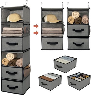 Органайзер для шафи GRANNY SAYS, підвісний, з шухлядами, 1 шт. - підвісне зберігання, полиця для шафи, тканинний органайзер для спальні (сірий, роздільник)