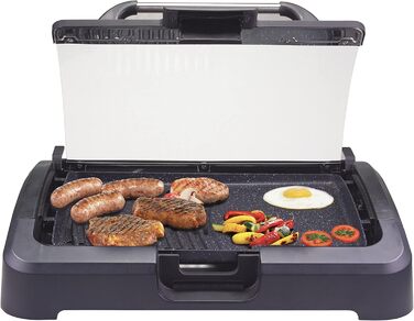 BEPER Electric Grill with Glass Lid - Non-Stick Coated Grill Plate, Stainless Steel, 2200W, Black