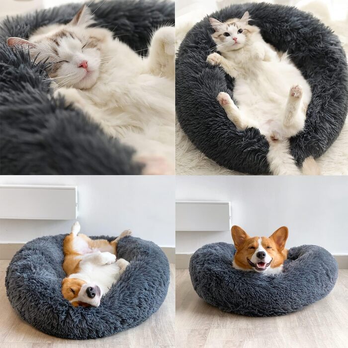 М'яке кругле ліжко для котів та собак. Ліжко-подушка для домашніх тварин, 70см/60см, білий/сірий колір