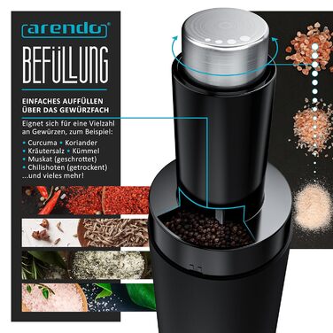 Arendo - Electric Salt and Pepper Mills - 2-Piece Set - One-Handed Operation - Grinds Automatically When Tilted - Battery Powered, Spice Grinder with Ceramic Grinder - Grind Sizes Infinitely Adjustable