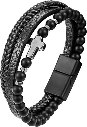 Чоловічий шкіряний браслет з хрестом, розарій, чорний/коричневий, аксесуар для чоловіків та хлопців
