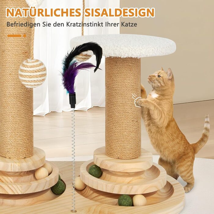 Інтерактивна іграшка для котів 6 в 1: дерев'яний комплекс з кульками, пір'ям, м'ячиком-трекером, когтеточкою з сизалю та джуту. Підходить для котів середніх та маленьких порід (білий)