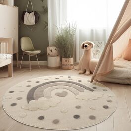 Дитячий килим Paco Home Сонце, ігровий килимок, короткий ворс, 3D-ефект, м'який, кремовий, 120 см круглий